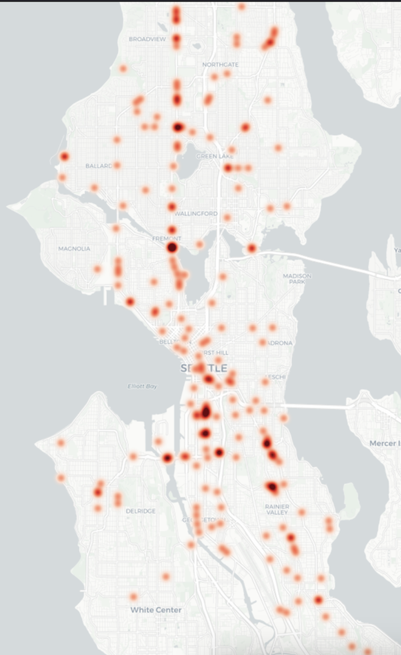 Map of traffic deaths in Seattle since 2015. Aurora and SoDo clearly stand out. 